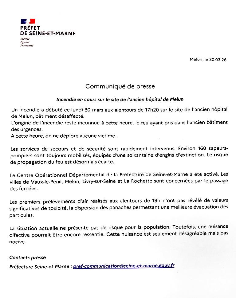 Communiqué de presse de la préfecture 77 au sujet de l'incendie de l'hopital de Melun